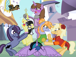 Size: 2048x1536 | Tagged: safe, artist:kindheart525, imported from derpibooru, oc, oc only, oc:in clover, oc:moonstone, oc:silk stocking, oc:upscale, oc:velvet shade, oc:well hooved, alicorn, bat, pony, kindverse, alicorn oc, black eye, blood, canterlot, clothes, covering eyes, crying, ear piercing, earring, fight, jewelry, magical lesbian spawn, necklace, next generation, nosebleed, offspring, parent:good king sombra, parent:jet set, parent:king sombra, parent:maud pie, parent:princess celestia, parent:trixie, parent:upper crust, parents:celestibra, parents:mauxie, parents:upperset, piercing, scarf, this will end in tears and/or death