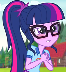 Size: 1864x2015 | Tagged: safe, edit, edited screencap, imported from derpibooru, screencap, sci-twi, twilight sparkle, equestria girls, legend of everfree, blushing, cropped, cute, female, house, inverted mouth, solo, tree, twiabetes