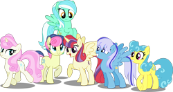 Size: 7000x3722 | Tagged: safe, artist:orin331, imported from derpibooru, bon bon, lemon hearts, lyra heartstrings, minuette, moondancer, sweetie drops, twinkleshine, alicorn, pony, dancerverse, absurd resolution, alicornified, alternate hairstyle, alternate universe, flying, grin, group, looking at you, looking back, looking down, moondancercorn, open mouth, race swap, raised hoof, raised leg, simple background, smiling, spread wings, transparent background, vector