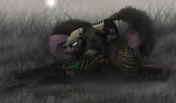 Size: 4000x2350 | Tagged: safe, artist:imthecasual, imported from derpibooru, fluttershy, camouflage, female, fog, ghillie suit, gun, headset, mechanical hands, military, reflection, rifle, sniper, snipershy, solo, water, weapon