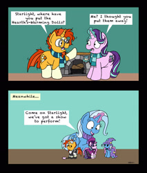 Size: 1748x2053 | Tagged: safe, artist:bobthedalek, imported from derpibooru, starlight glimmer, sunburst, trixie, pony, unicorn, backwards cutie mark, clothes, comic, crossdressing, cup, cute, dialogue, doll, drink, duster, female, fireplace, glowing horn, green background, hearth, levitation, log, magic, magician outfit, maid, mare, open mouth, playing, scarf, simple background, smiling, telekinesis, toy, trixie's cape, trixie's hat