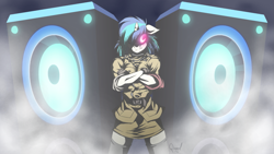 Size: 1921x1080 | Tagged: safe, artist:quynzel, imported from derpibooru, dj pon-3, vinyl scratch, anthro, anime, bass cannon, crossed arms, crossover, female, floppy ears, hellsing, hellsing ultimate abridged, looking at you, loud speaker, nowacking, seras victoria, smoke, solo, speaker, speakers, vinyl the vampire, voice actor joke