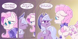 Size: 6000x3000 | Tagged: safe, artist:dilarus, deleted from derpibooru, imported from derpibooru, applejack, fluttershy, meet-the-pones, absurd resolution, abuse, applejerk, clothes, comic, cowboy hat, dialogue, duo, flutterbuse, hat, scarf, speech bubble, stetson, vulgar