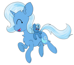 Size: 1370x1200 | Tagged: safe, artist:twittershy, imported from derpibooru, trixie, pony, chest fluff, cute, diatrixes, eyes closed, female, fluffy, happy, open mouth, plushie, raised hoof, running, simple background, smiling, solo, toy, transparent background