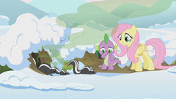 Size: 1280x720 | Tagged: safe, imported from derpibooru, screencap, fluttershy, spike, dragon, pegasus, pony, skunk, winter wrap up, animal, animal team, burrow, clothes, female, male, mare, nose pinch, plugged nose, skunk spray, smell, smelly, smiling, snow, this will end in a tomato juice bath, visible stench, winter, winter wrap up vest