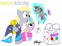 Size: 2399x1779 | Tagged: safe, artist:newportmuse, imported from derpibooru, derpy hooves, dinky hooves, smarty pants, pegasus, pony, bag, clothes, female, fukubukuro, kimono (clothing), levitation, magic, mare, mother and daughter, signature, simple background, telekinesis, white background