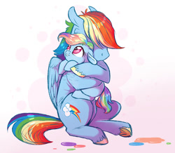 Size: 900x783 | Tagged: safe, artist:vindhov, imported from derpibooru, rainbow dash, oc, oc:silver lining (vindhov), pegasus, pony, crying, duo, female, filly, floppy ears, hair dye, holding a pony, hug, mother and daughter, offspring, parent:rainbow dash, parent:wind rider, parents:windash