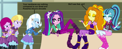 Size: 1782x712 | Tagged: safe, artist:fureox, artist:givralix, artist:mewtwo-ex, artist:themexicanpunisher, imported from derpibooru, adagio dazzle, aria blaze, fuchsia blush, lavender lace, sonata dusk, trixie, equestria girls, rainbow rocks, alicorn amulet, boots, clothes, dialogue, female, high heel boots, hoodie, jewelry, misspelling, necklace, pigtails, ponytail, skirt, socks, the dazzlings, trixie and the illusions, twintails