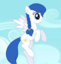 Size: 599x623 | Tagged: safe, artist:mellowhen, imported from derpibooru, oc, oc only, oc:moonlight, pegasus, pony, braid, cloud, colored, cute, cutie mark, female, flying, living in equestria, mare, smiling, solo, spread wings