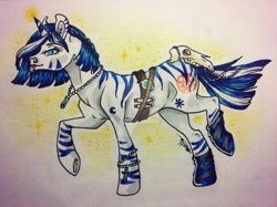 Size: 1023x767 | Tagged: safe, artist:vanialyart, imported from derpibooru, oc, oc only, oc:umbra, pony, zebra, zebracorn, :p, clothes, commission, magic, socks, solo, striped socks, tongue out, traditional art, watermark, zebra oc