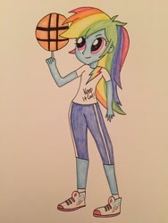 Size: 1024x1365 | Tagged: safe, artist:infernapelover, imported from derpibooru, rainbow dash, equestria girls, basketball, clothes, cute, female, pants, shoes, sneakers, solo, sporty style, traditional art