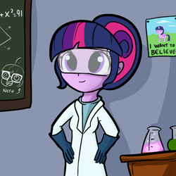 Size: 1080x1080 | Tagged: safe, artist:tjpones, imported from derpibooru, sci-twi, twilight sparkle, equestria girls, chalkboard, clothes, cute, erlenmeyer flask, female, flask, florence flask, goggles, i want to believe, lab coat, nerd, poster, safety goggles, solo, the x files