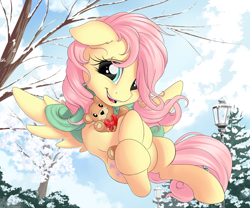 Size: 3000x2500 | Tagged: safe, artist:nobody47, imported from derpibooru, fluttershy, pegasus, pony, clothes, cute, female, floppy ears, flying, head tilt, hnnng, looking at you, mare, open mouth, outdoors, scarf, shyabetes, smiling, snow, solo, spread wings, teddy bear, weapons-grade cute, wings, winter