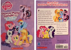 Size: 892x632 | Tagged: safe, imported from derpibooru, applejack, fluttershy, pinkie pie, rainbow dash, rarity, twilight sparkle, alicorn, pony, equestria daily, book, female, irl, mane six, mane six opening poses, merchandise, my little pony logo, official, official pony guide: the mane 6 & friends, photo, stock vector, toy, trio, twilight sparkle (alicorn)