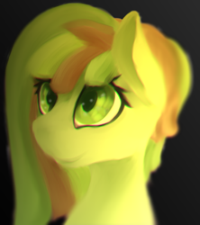 Size: 879x991 | Tagged: safe, artist:woononna, imported from derpibooru, oc, oc only, oc:green treat, pony, bust, chromatic aberration, colored pupils, gradient background, looking at something, portrait, smiling, solo