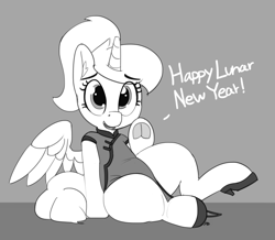 Size: 1280x1118 | Tagged: safe, artist:pabbley, imported from derpibooru, princess luna, alicorn, semi-anthro, 30 minute art challenge, chinese new year, clothes, cute, female, frog (hoof), grayscale, hoofbutt, lineart, looking at you, lunabetes, lunar new year, monochrome, s1 luna, simple background, solo, speech, underhoof