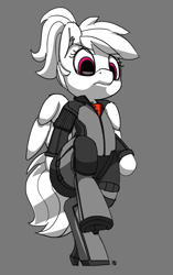 Size: 1204x1920 | Tagged: safe, artist:pabbley, imported from derpibooru, rainbow dash, pony, armor, bipedal, crossover, female, mind control, monochrome, neo noir, partial color, resident evil, simple background, solo