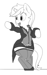 Size: 1212x1920 | Tagged: safe, artist:pabbley, imported from derpibooru, minuette, pony, bipedal, clothes, female, grayscale, monochrome, open mouth, simple background, socks, solo, stockings, thigh highs, white background