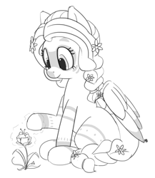 Size: 1280x1476 | Tagged: safe, artist:pabbley, imported from derpibooru, fluttershy, pony, alternate hairstyle, bodypaint, braid, braided tail, druid, female, flower, flutterdruid, grayscale, magic, missing cutie mark, monochrome, simple background, sitting, solo, white background