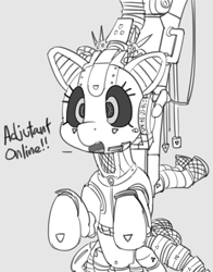 Size: 1280x1635 | Tagged: safe, artist:pabbley, imported from derpibooru, pony, robot, robot pony, adjutant, dialogue, gray background, grayscale, monochrome, open mouth, ponified, simple background, solo, starcraft