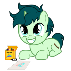 Size: 6667x6667 | Tagged: safe, artist:besttubahorse, imported from derpibooru, oc, oc only, oc:spectral song, pony, unicorn, absurd resolution, crayons, cute, drawing, green eyes, male, ocbetes, simple background, smiling, solo, transparent background, vector