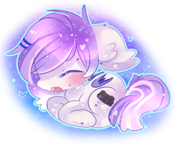 Size: 898x735 | Tagged: safe, artist:fluffire, imported from derpibooru, oc, oc only, oc:sweet tooth, bat pony, pony, cute, fangs, heart, lying down, simple background, solo, waking up, yawn
