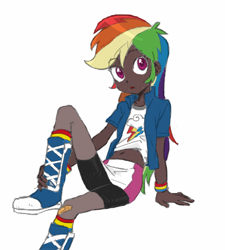 Size: 450x500 | Tagged: safe, artist:baekgup, color edit, edit, editor:rmzero, imported from derpibooru, rainbow dash, equestria girls, belly button, bike shorts, boots, clothes, colored, colored sketch, compression shorts, cute, dark skin, female, human coloration, midriff, pantyhose, shorts, simple background, skirt, skirt lift, socks, solo, white background