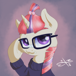 Size: 600x600 | Tagged: safe, artist:malwinters, imported from derpibooru, moondancer, pony, bust, clothes, female, glasses, portrait, solo