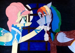 Size: 2497x1779 | Tagged: safe, artist:sonicfan1143, imported from derpibooru, fluttershy, rainbow dash, the count of monte rainbow, clothes, crossover, crying, edmond dantes, mercedes, rainbow dantes, shycedes, the count of monte cristo, traditional art, window