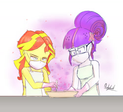 Size: 1700x1550 | Tagged: safe, artist:0ndshok, imported from derpibooru, sci-twi, sunset shimmer, twilight sparkle, equestria girls, 30 minute art challenge, apron, clothes, drugs, duo, meth, meth lab, nudity, partial nudity, signature, simple background, traditional art, white background