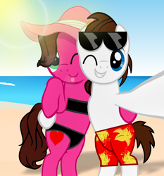 Size: 1024x1098 | Tagged: safe, artist:aarondrawsarts, imported from derpibooru, oc, oc only, oc:brain teaser, oc:rose bloom, pony, bikini, bipedal, brainbloom, clothes, selfie, silly, silly face, silly pony, summer, swimsuit