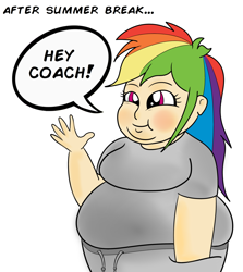 Size: 1280x1436 | Tagged: dead source, safe, artist:askbuttershy, imported from derpibooru, rainbow dash, equestria girls, blushing, double chin, fat, female, human coloration, obese, rainblob dash, simple background, solo, this will end in angry, white background