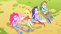 Size: 1920x1080 | Tagged: safe, imported from derpibooru, screencap, applejack, fluttershy, pinkie pie, rainbow dash, rarity, equestria girls, legend of everfree, bare shoulders, boho, boots, bracelet, camp fashion show outfit, chinese, clothes, converse, cowboy boots, dress, female, jewelry, rainbow dash is not amused, shoes, sleeveless, sneakers, tights
