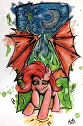 Size: 700x1055 | Tagged: safe, artist:pepperscratch, imported from derpibooru, oc, oc only, oc:spicy, bat pony, pony, female, fire, mare, solo, traditional art