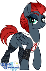 Size: 1282x1953 | Tagged: safe, artist:xwhitedreamsx, imported from derpibooru, oc, oc only, oc:signature, pegasus, pony, beauty mark, clothes, commission, female, fishnets, green eyes, lidded eyes, looking at you, mare, raised hoof, signature, simple background, smiling, solo, transparent background