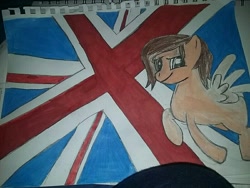 Size: 800x600 | Tagged: safe, artist:milo(german), imported from derpibooru, oc, oc only, oc:milo, pegasus, pony, flag, flying, smiling, solo, spread wings, traditional art, union jack