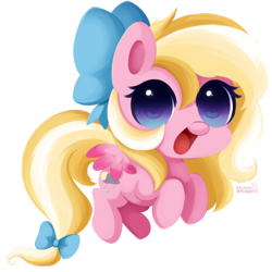 Size: 600x600 | Tagged: safe, artist:exceru-karina, imported from derpibooru, oc, oc only, oc:bay breeze, pegasus, pony, bow, chibi, cute, female, flying, hair bow, happy, looking at you, mare, open mouth, simple background, smiling, solo, spread wings, tail bow, transparent background