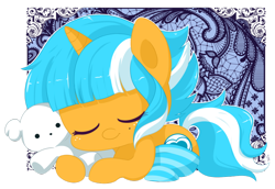 Size: 800x551 | Tagged: safe, artist:exceru-karina, imported from derpibooru, oc, oc only, oc:passion freeze, pony, unicorn, clothes, eyes closed, female, freckles, mare, sleeping, socks, striped socks, teddy bear