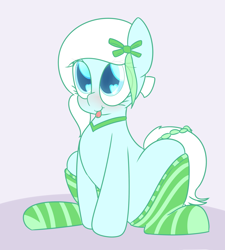 Size: 1280x1422 | Tagged: safe, artist:mr-degration, imported from derpibooru, oc, oc only, oc:azur lachrimae, earth pony, pony, :t, blushing, bow, choker, clothes, cute, hair bow, heart eyes, sitting, smiling, socks, solo, striped socks, tongue out, wingding eyes