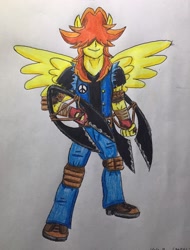 Size: 2404x3164 | Tagged: safe, artist:bozzerkazooers, imported from derpibooru, valhallen, equestria girls, background human, katar, male, ninja, ponied up, solo, traditional art, weapon