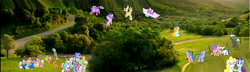 Size: 2561x736 | Tagged: safe, imported from derpibooru, aloe, apple bloom, applejack, babs seed, berry punch, bon bon, carrot top, clear skies, derpy hooves, discord, dj pon-3, doctor whooves, firefly, fluttershy, golden harvest, lotus blossom, lyra heartstrings, mayor mare, minuette, nurse redheart, octavia melody, photo finish, pinkie pie, princess cadance, princess flurry heart, rainbow blaze, rainbow dash, rarity, scootaloo, screwball, shining armor, soarin', sparkler (g1), spike, spitfire, starlight glimmer, surprise, sweetie belle, thunderlane, time turner, trixie, twilight sparkle, vinyl scratch, wild fire, alicorn, draconequus, dragon, earth pony, pegasus, pony, unicorn, background pony, female, filly, g1, g1 to g4, g4, generation leap, ghost car, irl, k-fee, looking at you, male, mane seven, mane six, photo, picnic, ponies in real life, road, scary car, stallion, tree, twilight sparkle (alicorn)