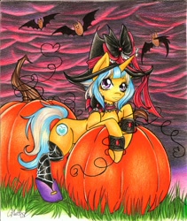 Size: 1024x1212 | Tagged: safe, artist:bunnywhiskerz, imported from derpibooru, oc, oc only, oc:passion freeze, pony, unicorn, clothes, hat, pumpkin, socks, solo, traditional art, witch hat