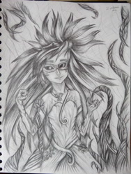 Size: 2448x3264 | Tagged: safe, artist:varough, imported from derpibooru, gaea everfree, gloriosa daisy, equestria girls, legend of everfree, clothes, female, magical geodes, monochrome, sketch, solo, traditional art