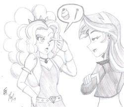 Size: 800x691 | Tagged: safe, artist:mayorlight, imported from derpibooru, adagio dazzle, sunset shimmer, equestria girls, rainbow rocks, clothes, cupcake, fanfic, fanfic art, fimfiction, food, midriff, monochrome, pencil drawing, pinkie promise, thought bubble, traditional art