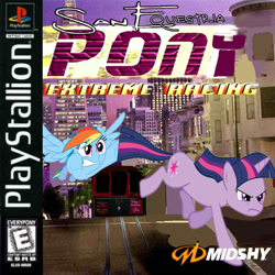 Size: 1000x998 | Tagged: safe, artist:nickyv917, imported from derpibooru, rainbow dash, twilight sparkle, city, cover, parody, playstation, road, san francisco