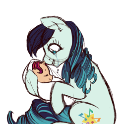 Size: 2000x2000 | Tagged: safe, artist:azure-art-wave, imported from derpibooru, coloratura, oc, oc:morning glory, pony, baby, baby pony, crying, magical lesbian spawn, mother and daughter, offspring, parent:coloratura, parent:sunset shimmer, simple background, swaddling, tears of joy, white background