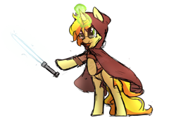 Size: 1024x683 | Tagged: safe, artist:silverknight27, imported from derpibooru, oc, oc only, oc:sigil, pony, unicorn, aura, bipedal, bipedal leaning, cloak, clothes, colored sketch, commission, female, glasses, glowing horn, leaning, lightsaber, magic, magic aura, mare, signature, simple background, solo, star wars, transparent background, weapon