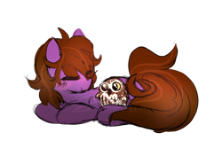 Size: 1024x683 | Tagged: safe, artist:silverknight27, imported from derpibooru, oc, oc only, oc:animatic, earth pony, owl, pony, eyes closed, female, mare, prone, simple background, transparent background