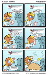 Size: 1280x1978 | Tagged: safe, artist:wadusher0, imported from derpibooru, oc, oc only, oc:supremus longhorn, pony, unicorn, amputee, ask, clipboard, faceless ponies, food, magic, magic limbs, muffin, tumblr