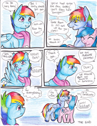 Size: 2552x3304 | Tagged: safe, artist:tristanjsolarez, imported from derpibooru, firefly, rainbow blaze, rainbow dash, pegasus, pony, comic:trans ponies, blue background, clothes, comic, family, female, fireblaze, firefly as rainbow dash's mom, g1, g1 to g4, g4, generation leap, male, mare, rainbow blitz, rainbow dash's parents, rule 63, scarf, shipping, simple background, speech bubble, stallion, straight, traditional art, transgender, trio